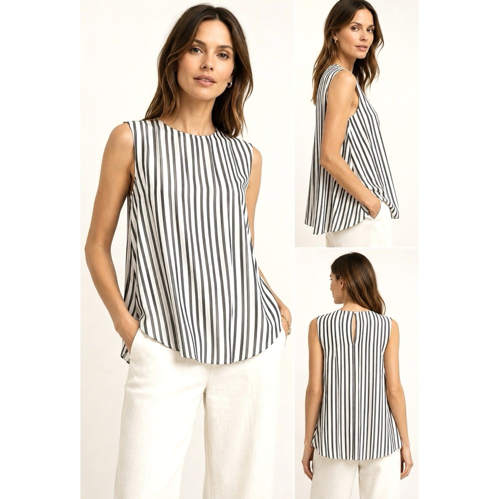 NEW! Brunello Cucinelli 100% Silk Striped Sleeveless Blouse Top Relaxed Gray  S